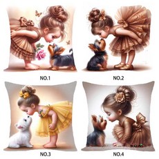 푸아이 실십자수 세트 힐링 자수 쿠션 (솜포함) 4종 소녀와 강아지 프린트도안 패키지 45x45cm, NO 2, 면사(솜포함), 1개