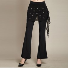 차차퀸 눈꽃 보석 랩바지 팬츠 치마 바지 스포츠 댄스복 라인댄스 50대 60대 줌바 댄스바지 빅사이즈 하의 치마바지 랩스커트 스커트 치마 반짝이 스팽글 화려한 댄스 의상 섹시댄스, 블랙