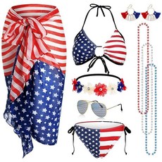 Mepase 8pcs 7월 4일 미국 국기 커버업 드레스 비키니 레드 화이트 블루 머리띠 귀걸이 목걸이 선글라스 여성용 수영복 (라지)