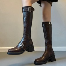 圓頭中跟長筒靴 新款冬季女士長靴 臺灣出貨, 黑色【普通版】,40, 40