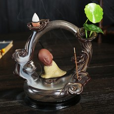 陶瓷倒流香爐 仿古荷塘月色小沙彌薰香爐擺件, 祥雲如意靜禪黃