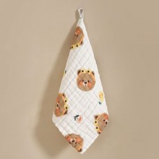 紗布巾 嬰兒口水巾 掛繩方巾 六層純棉 洗臉巾 新生兒 泡泡紗布 手帕 萬用巾 餵奶巾 吃飯巾, 1個, 梨子小熊 尺寸30x30cm