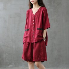 POMTOR 면 마 상의 루즈핏 와이드 반바지 여름 모조 린넨 투피스
