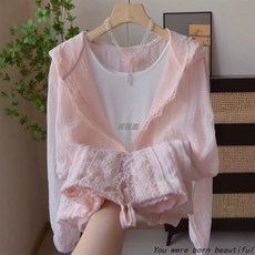 圖圓圓 優選 2025夏季新款花邊蕾絲拼接抽繩連帽襯衫外穿女休閒簡約輕薄防晒衣