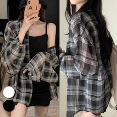 핏몬 여성 55~99 빅사이즈 시스루 체크 살탐방지 얇은 박시 롱 긴팔 여름 셔츠