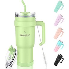 MOMSIV 맘시브 40온스 열전도 컵스트로우 및 손잡이 포함 1100ml 커피 머그 이중벽 스테인리스 스틸 진공 밀폐 방수 보온 컵 차가운 뜨거운 음료용 차량용 블랙, Yellow / Green, 1개