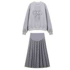 패션 임부복 봄가을 임산부 루즈핏 트렌드 리본 맨투맨 + 도트 주름 스커트 투피스 캐주얼 슬림핏 여성 세트 SJS