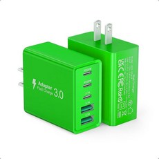 [60W/2팩] 벽면 충전기 USB C 충전기 블록 5포트 PD + QC 3.0 고속 충전 전원 플러그 어댑터 브릭 워치 시리즈 10 9 8 7용 아이폰 17 16 15, Green