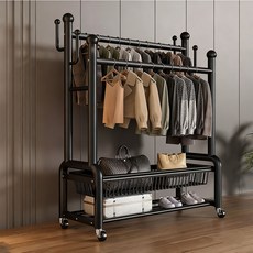 簡易衣帽架 帶輪衣帽架 管徑加粗32MM挂衣架 可移動晾衣架 加粗掛衣架 吊衣架, 黑色32管-雙杆80CM+萬向輪, 黑色