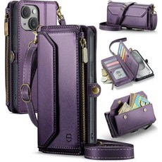 iPhone 15 Pro Max RFID 차단 10 카드 홀더 소프트 PU 가죽 마그네틱 스냅 숄더 스트랩 지퍼 포켓 휴대폰 케이스 6.7\" - 로즈 골드, iPhone 15 Plus - 6.7", Purple, 1개