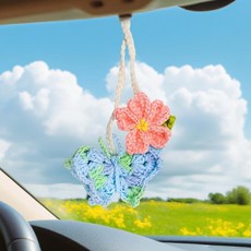 핸드메이드 크로셰 나비 & 플라워 자동차 거울 걸이 액세서리 - 여성용 귀여운 보헤미안 자동차 장식 여성스러운 여름 바이브 백미러 참 꽃무늬 자동차 인테리어 장식품 및 장식, Blue