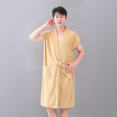 男款菱格浴袍 速幹不掉毛, 卡其色  男款 短袖 菱格浴袍 適合40,150x115cm