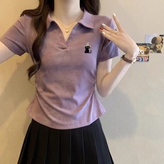 해피유통 여성 카라넥 반팔 티셔츠 자수 포인트 슬림핏 데일리 상의