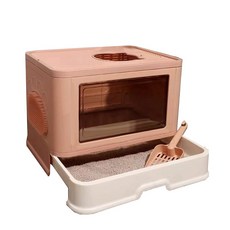 粉色頂入式抽屜貓砂盆，半封閉貓廁所，大空間貓咪用品, 除臭貓砂盆-煙粉色, 1套