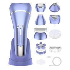 여성용 제모기 7 in 1 교체 가능한 제모 및 마사지기 클리너 장치 비키니 트리머 페이스 마사지 얼굴 각질 제거 브러시 발 굳은살 제거기 IPX7 방수 면도기(퍼플, 여성용 제모기 7 in 1 호환교체 가능한 제모 마사지