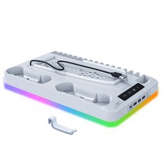 QTR PS5散熱風扇底座 Slim/Pro充電底座 風扇散熱 PS5散熱架 炫彩RGB 直立型 雙手把充電, 1個, C款-PS5/SLIM專用-白色有卡架, 白色, C款-PS5/SLIM專用-白色有卡架