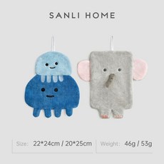 동물 캐릭터 주방수건 고리 주방타올 걸이형 핸드타올, 1개, 블루슬림샤크+그레이코믹엘리펀트