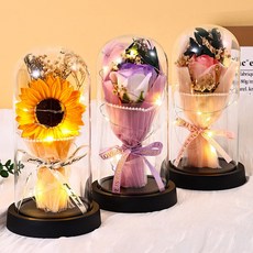 玫瑰永生花玻璃罩擺件，三八婦女節創意禮品, 【珍珠邊1朵噴紫玫瑰+賀卡禮袋】,亞克力+手提盒