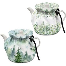 단열 주전자 커버 티포트 코지 주방 티팟 먼지 아침 식사 냄비 워머 커버고무밴드 포함 벌새와 꽃 프린트, 초록 숲 잎