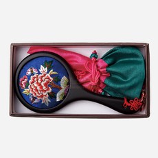 자수 손거울 청색 전통 문양 휴대용 주머니 거울 여성 화장 소품, 포장없음