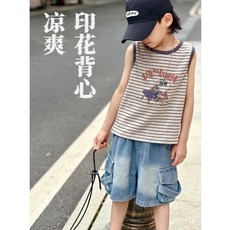 兒童休閒涼爽背心 條紋卡通 夏季潮範圓領上衣