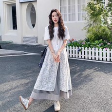 여성원피스 여름원피스 반팔원피스 레이스롱원피스 반팔 티셔츠 레이어드 데일리 캐주얼 루즈핏 여름원피스 BJY051034 30