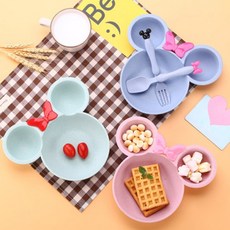 어린이 유아 미키 캐릭터 3구 이유식 숟가락 포크 식기 식판 세트, 민트