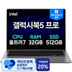 삼성전자 갤럭시북5 프로 14인치 인텔 울트라7 32GB 터치스크린 사무용 고사양 영상편집 노트북, 그레이, NT940XHZ-A72A, 512GB, WIN11 Home