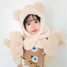 BLACK CHERRY 孩童小熊造型絨毛連帽圍脖+手套