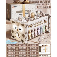 DIU 嬰幼兒六面體益智敲琴打地鼠百寶箱早教玩具兒童寶寶週歲生日禮物, 1個, 奶咖貓頭鷹六面體【禮盒】:如圖
