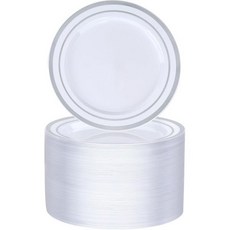 BESTVIP 100PCS 7인치 실버 플라스틱 디저트 접시 샐러드삼엘 케이크용 실버 테두리가 있는 일회용 접시 파티 결혼식 및 생일을 위한 헤비 듀티 접시 이벤트, 100PC, Silver