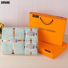 DFMEI 珊瑚絨禮盒毛巾浴巾套裝結婚伴手禮毛巾浴巾套盒公司年會禮品毛巾, 1個, 綠色:禮盒裝(普通款)35*75+140*70cm