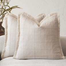 핀타워 2종 장식 리넨 체크 프린지 던지기 베개 커버 농가 빈티지 쿠션 소파 의자 침실 거실용 모던 보호 홈 데코 1616인치 내추럴 베이지