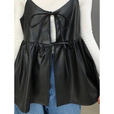 純黑色 PU 麵料係帶抽繩寬鬆百搭分層休閒弔帶背心，適閤機場旅行、休閒外齣、度假