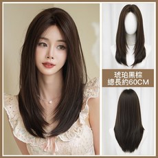 假髮女長髮 中分自然蓬鬆長直髮全頭套 側分髮線 仿真髮 60CM, 琥珀黑棕 (台灣現貨), 1個