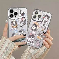 桃園出貨-小貓小狗適用蘋果16pm卡通15/14/13/12鐳射大孔11高級彩銀7硬殻xr, 1個, 鐳射彩銀-透黑-SKU551暗黑圖騰,iPhone 16