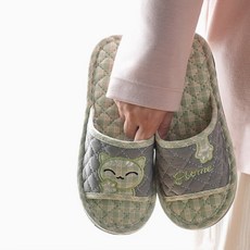 [Cool Share] 3중 쿠션 폭신 퀼트 면 거실화 층간소음방지 실내슬리퍼 실내화, 젤리고양이 그린, 1개