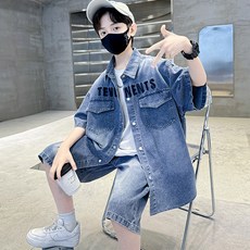 비비키드 남아 여름 TEVENNENTS 포켓 데님 셔츠 남방 상하복 주니어 세트 초중생 반팔티 초등생 반바지 세트 (677)