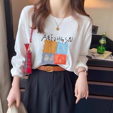 여성 라운드 긴팔 수유티 여성용 캐주얼 귀여운 프린트 면 소재 긴팔 티셔츠 봄 가을 패션 LT
