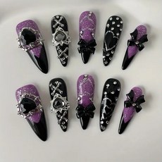 도쿄네일 10p 퍼플 네일팁 탈착식 재사용 가능 아몬드형 해외여행 네일 아이돌 네일아트팁 리본 하트토끼 메탈 대회용 무대용 인조손톱, 1개, 블랙&퍼플 S사이즈