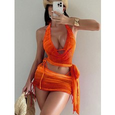 新款性感掛脖泳衣女鏤空系帶比基尼罩衫短裙四件套度假沙灘游泳裝