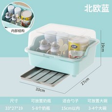 奶瓶收納箱大容量翻蓋瀝水架防塵防蟲嬰兒用品收納盒奶嘴收納盒置物架餐具收納瀝水籃碗櫃收納, 中號藍色【透明可視】, 主體