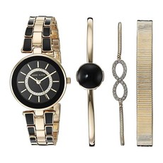 앤클라인 Anne Klein 여성용 프리미엄 크리스탈 손목시계 팔찌 세트 버건디/로즈 골드 120806, AK/3286BKST, 골드/블랙