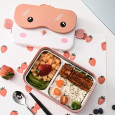 304 스텐 식판 학생 직장인 런치박스 피크닉 밀폐 도시락통 전자레인지용 고급 2칸 카툰 귀여운 식판 수저 세트, 1개, 핑크