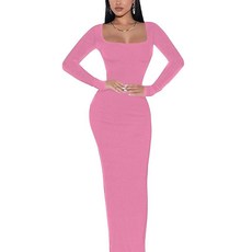 Doweha 여성용 스퀘어 넥 긴소매 맥시 드레스 섹시 니트 바디콘 롱 여성용 A-핑크 231649