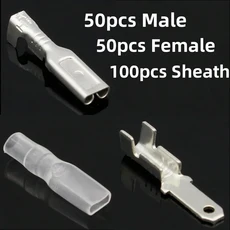 2.8mm 크림프 터미널 50개 여성용 스페이드 커넥터 + 쉬스, 01 50F 50M 100S