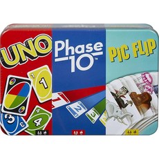 Mattel Games UNO Phase 10 및 Pic Flip 번들 장식용 보관 틴에 담긴 Mattel 카드 게임 3개 어린이 가족 및 성인용 게임 나이트 만 7세