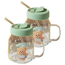 엠디지에프스위트홈 버터베어 빨대 유리컵 780ml, 2개, 그린베이킹