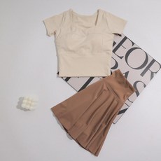 치마바지 팬츠 스윔 하이웨이스트 실내 비키니 바지 래쉬가드, 코코아 스커트+화이트 반팔