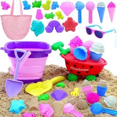 3-5세 아동용 접이식 해변 장난감 세트 | 22피스 아이스크림 샌드 장난감 접이식 비치 버킷 포함 | 유니콘 샌드 몰드|딸기 아이스크림 카트|메시 백|모래 샌드박스|유아 여아, Strawberry car set